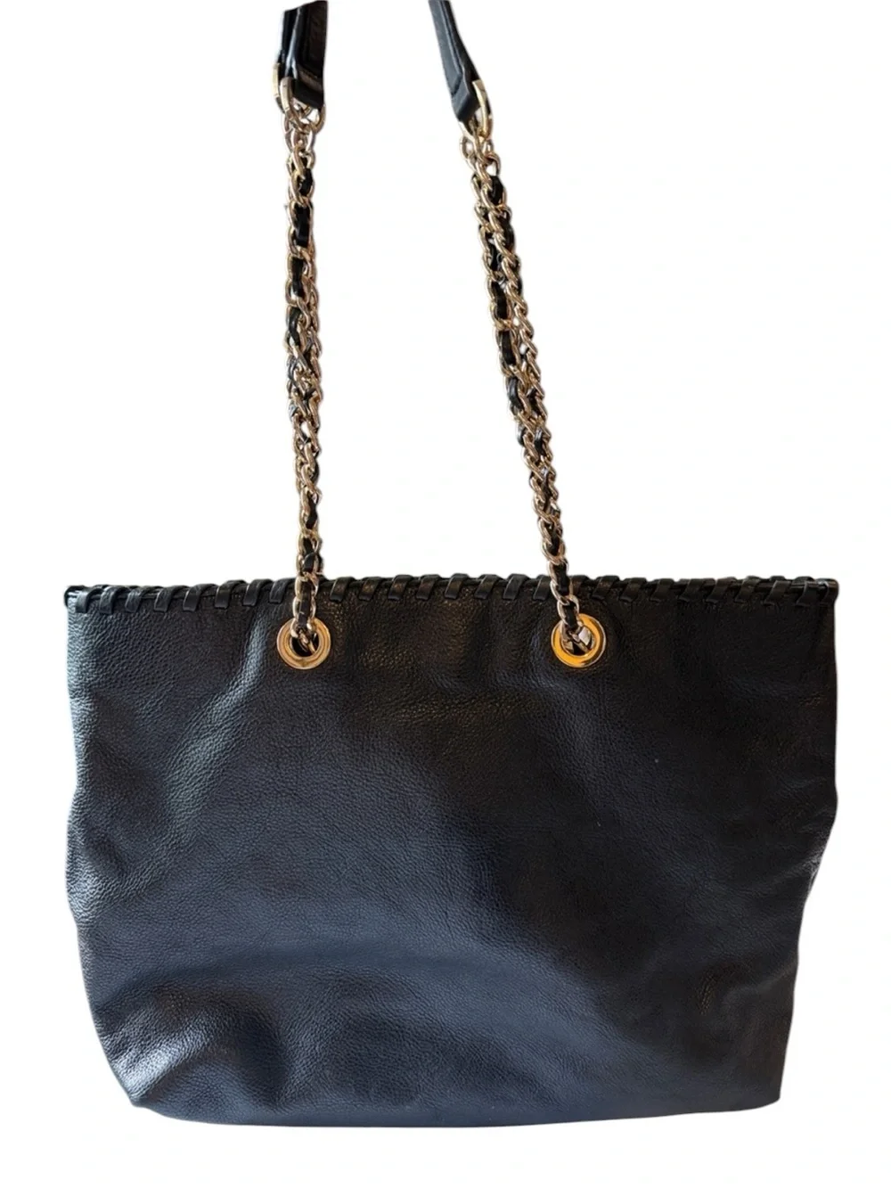Tory Burch Black Leather Marion Chain-Handle Tote with Logo Medallion